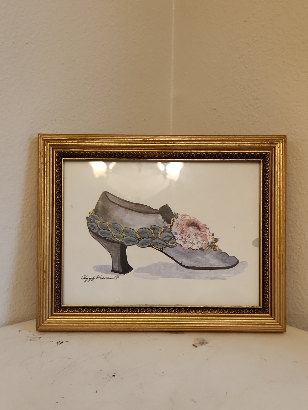 ♤ Framed Gray Floral Shoe Art Print with Pink Bloom